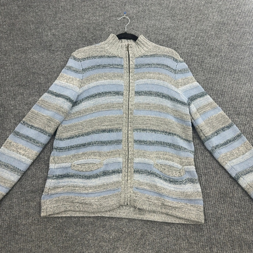 LL Bean Cardigan Sweater Womens M Blue Striped Cotton Zip Up Mock Neck Coastal